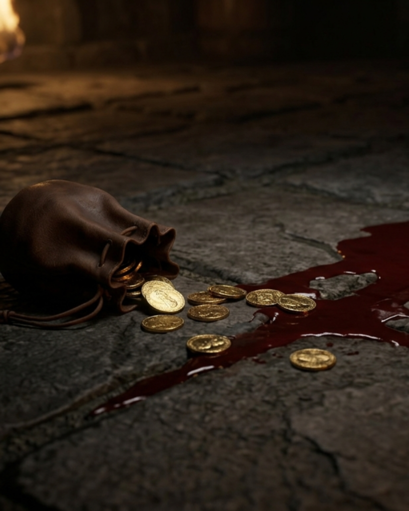 Forgotten Prophecy. a leather bag of gold coins has spilled onto the cobbles. a cup of blood has also spilled over it