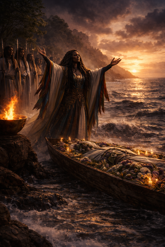 Elven funeral. Female priest calls out to the elements as they prepare to set a boat off into the ocean with a dead elf bound in it. Forgotten Prophecy.